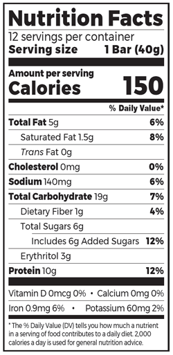 Organic Protein Snack Bar Peanut Butter Chocolate Chunk 12 Bars Supplement Facts