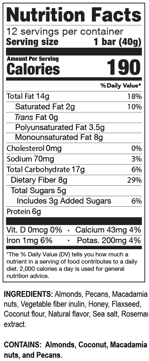 Fasting Bar Nuts & Honey 12 Bars Supplement Facts