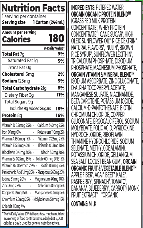 Kids Protein Organic Nutrition Shake Vanilla Single Serving Pack Supplement Facts