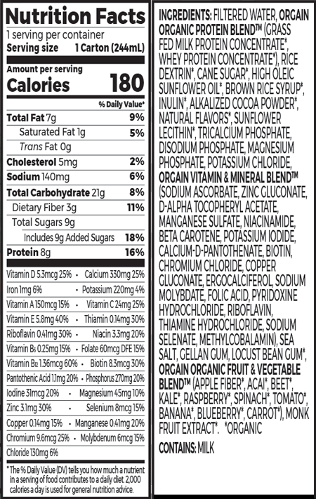 Kids Protein Organic Nutrition Shake Chocolate Single Serving Pack Supplement Facts