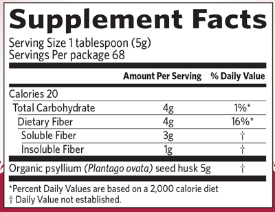 Psyllium Organic Whole Husk Fiber 68 Servings Supplement Facts