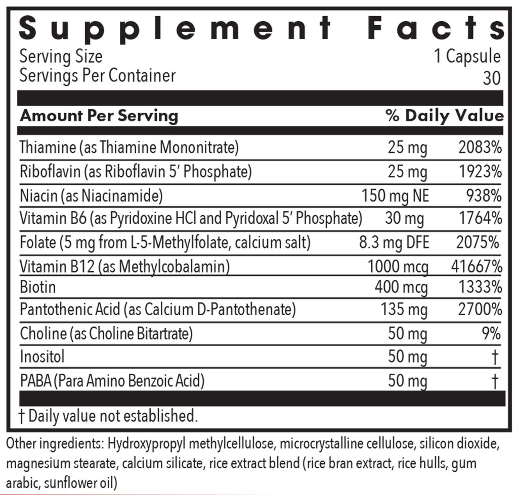 B-Complex + 5 mg L-Methylfolate 30 Capsules Supplement Facts