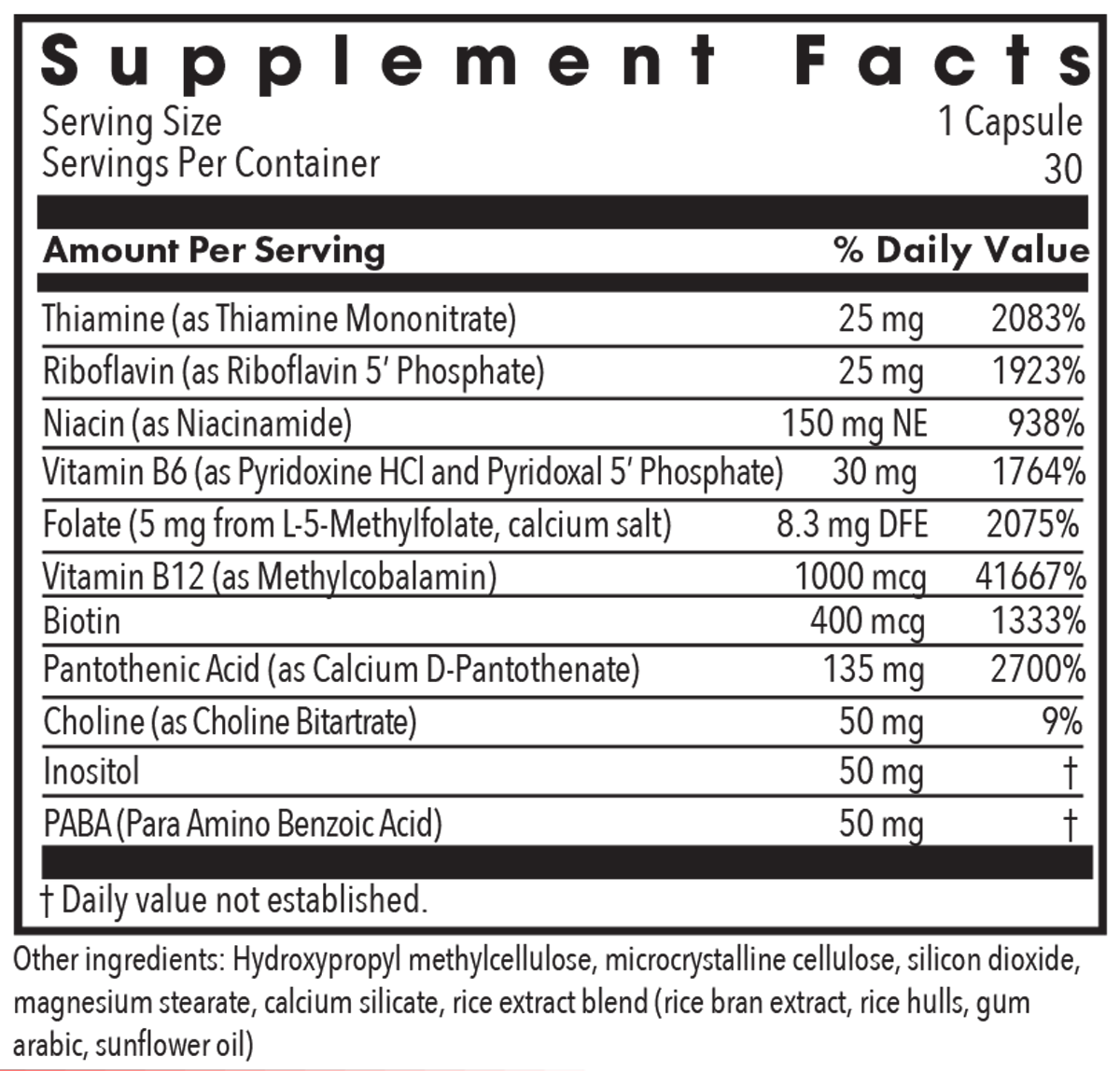 B-Complex + 5 mg L-Methylfolate 30 Capsules Supplement Facts
