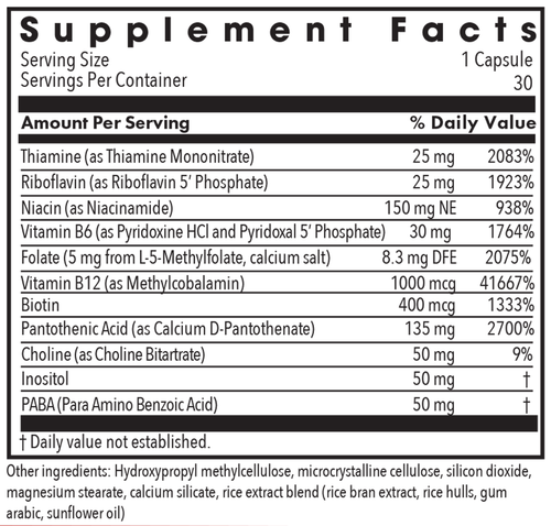 B-Complex + 5 mg L-Methylfolate 30 Capsules Supplement Facts