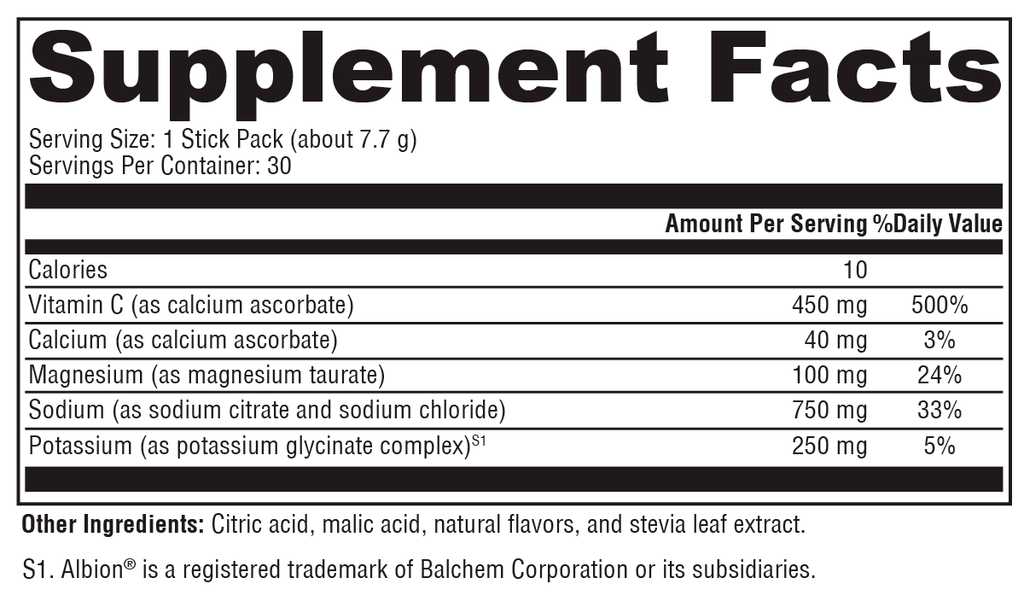 Electrolyte Sticks Lemon-Lime 30 Servings Supplement Facts