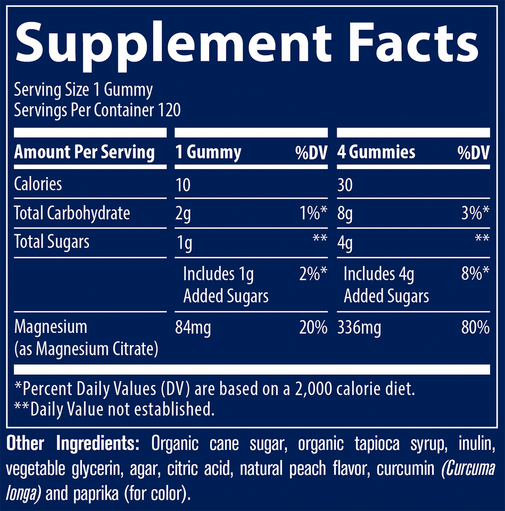 Magnesium Gummies Peach 120 Gummies Supplement Facts
