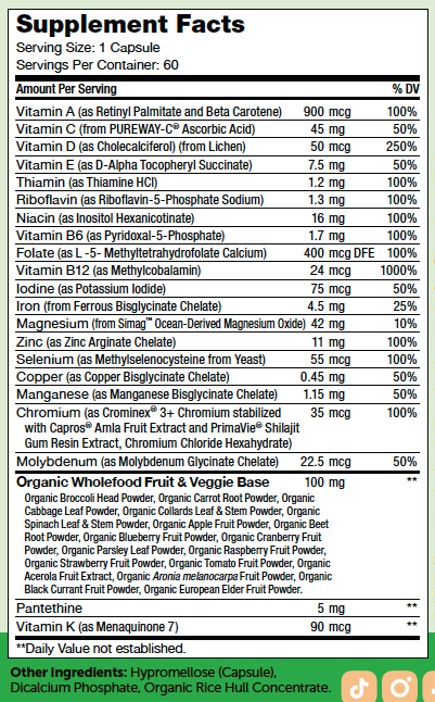 Multivitamin One Daily 60 Capsules Supplement Facts