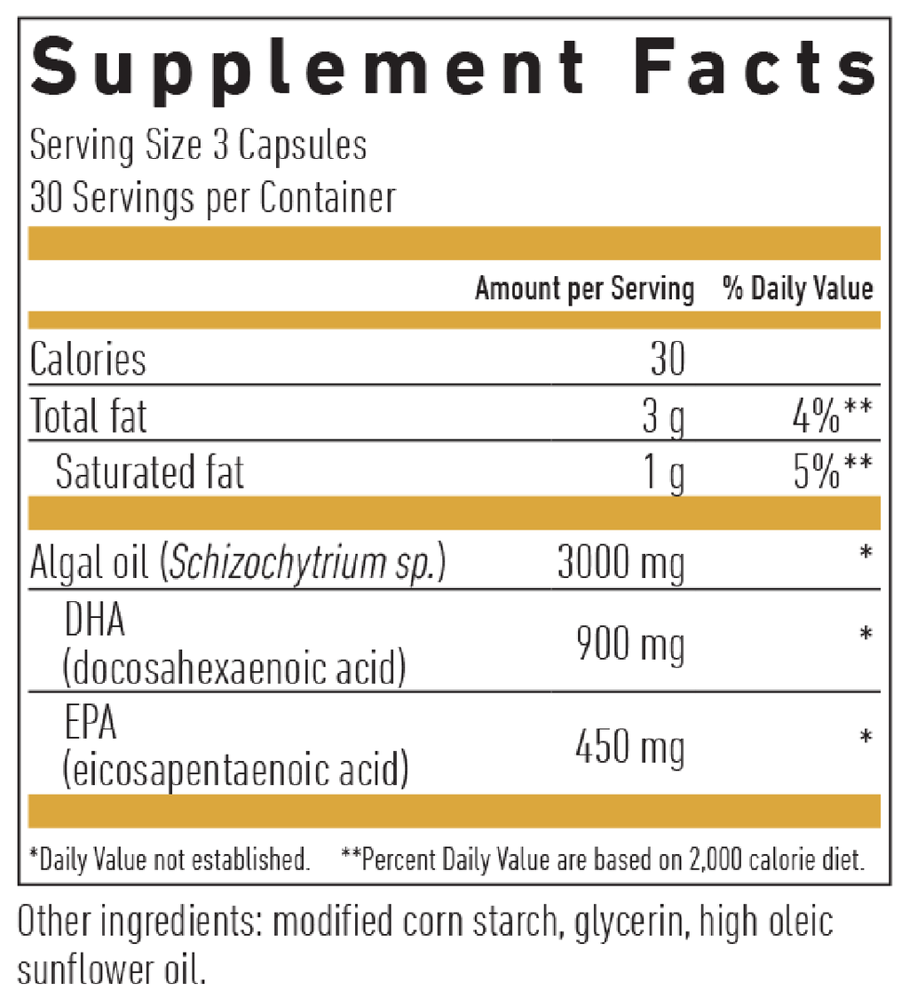 Omega 3 Vegan DHA & EPA 450 GOLD 90 Capsules Supplement Facts