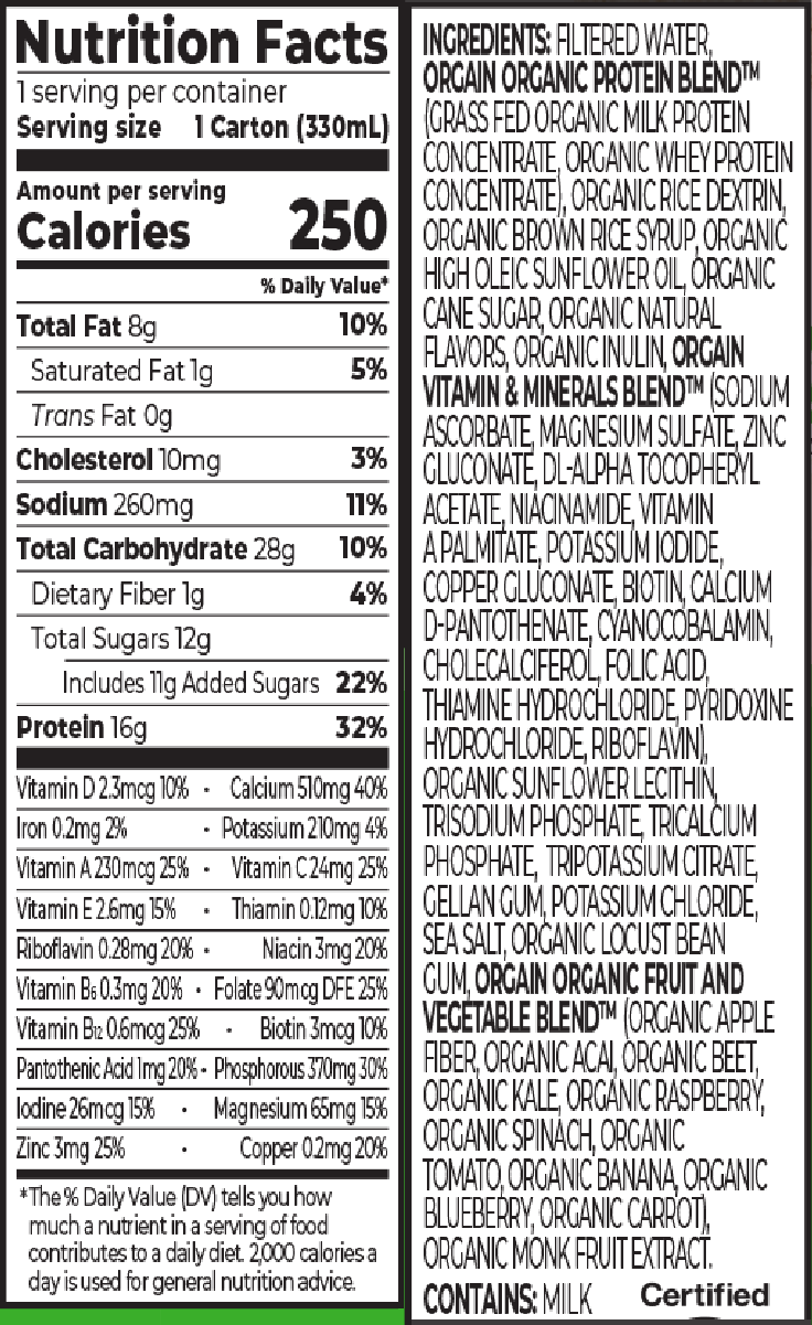 Organic Nutrition Shake Sweet Vanilla Bean Single Serving Pack Supplement Facts