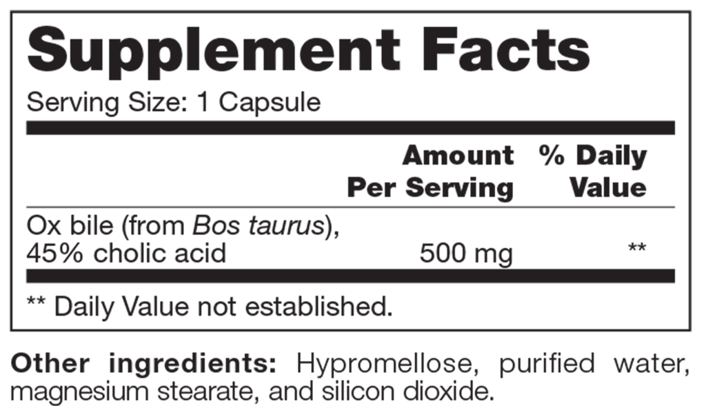 Ox Bile SAP 90 Capsules Supplement Facts