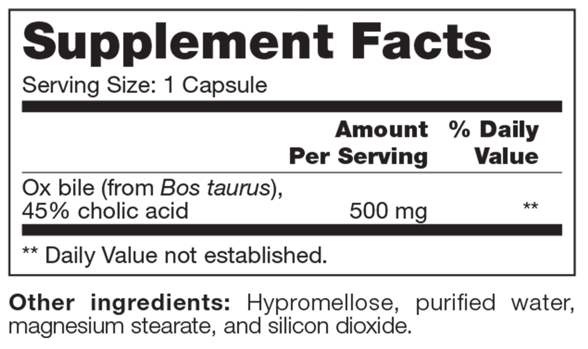 Ox Bile SAP 90 Capsules Supplement Facts