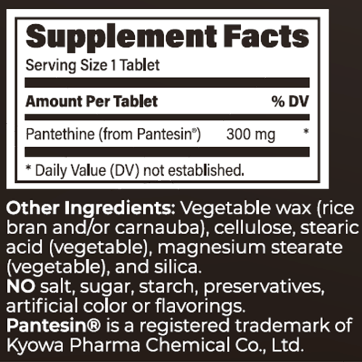 Pantethine SR 300 mg 90 Tablets Supplement Facts