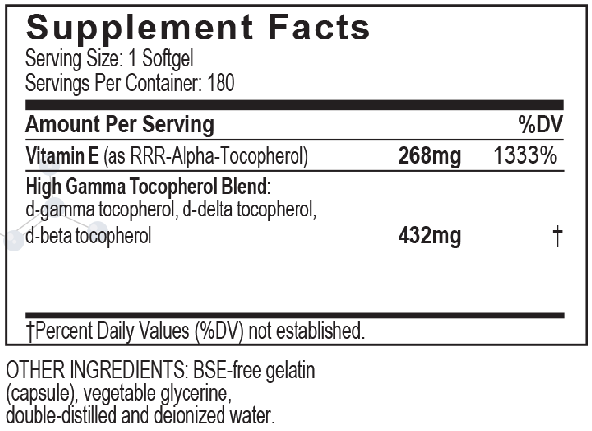 UNIQUE E High Gamma Mixed Tocopherol 180 Softgels Supplement Facts