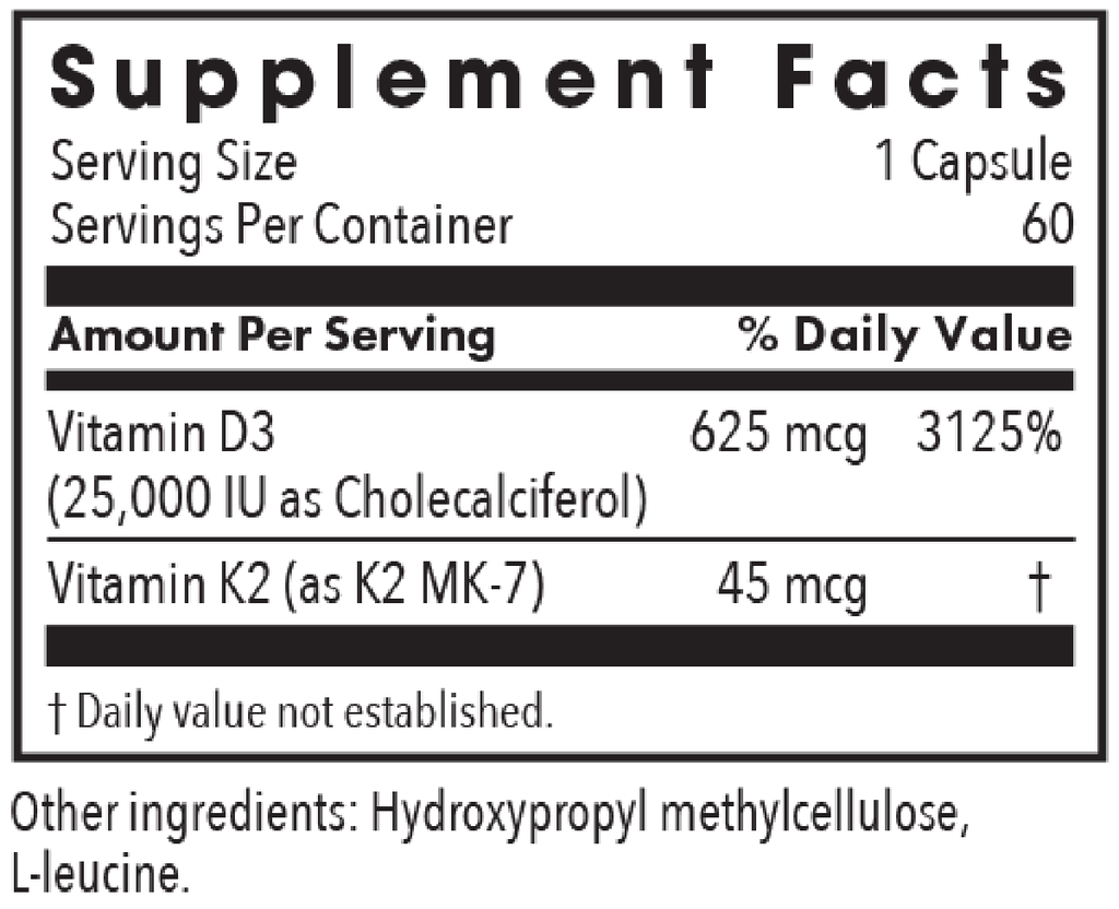 Vitamin D-3 25,000 IU 60 Capsules Supplement Facts