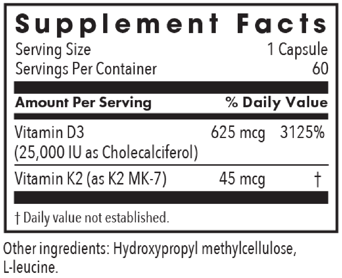 Vitamin D-3 25,000 IU 60 Capsules Supplement Facts
